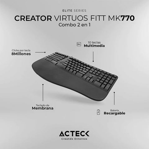 Combo Teclado y Mouse Acteck Virtuos Fitt Mk770, Inalámbrico, Ergonómico, Usb C,  Negro (AC-936248)