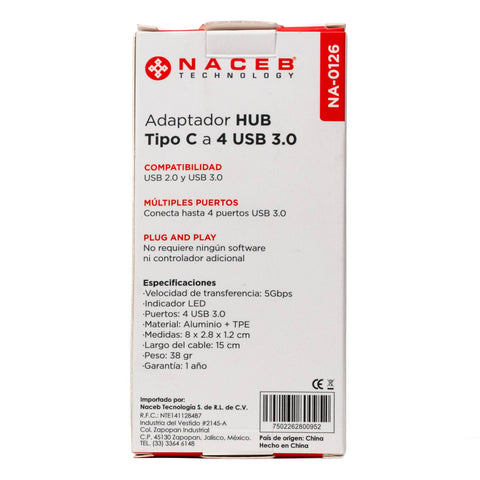 Concentrador Hub Naceb  Usb-C/A A 4 Puertos Usb 3.0 NA-0126