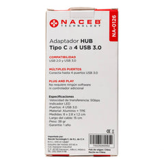 Concentrador Hub Naceb  Usb-C/A A 4 Puertos Usb 3.0 NA-0126