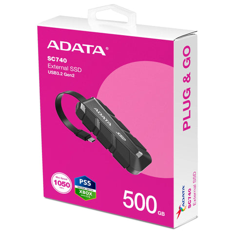 SSD Externo ADATA SC740 500GB Negro - USB Tipo C con Resistencia Militar Anticaídas - Almacenamiento Seguro de Alta Velocidad - Nuevo