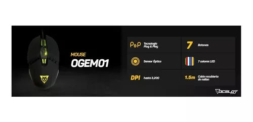 Mouse Alambrico Ocelot Optico Usb Rgb Dpi Configurable Hasta 3200 7 Botones Ergonomico Gamer
