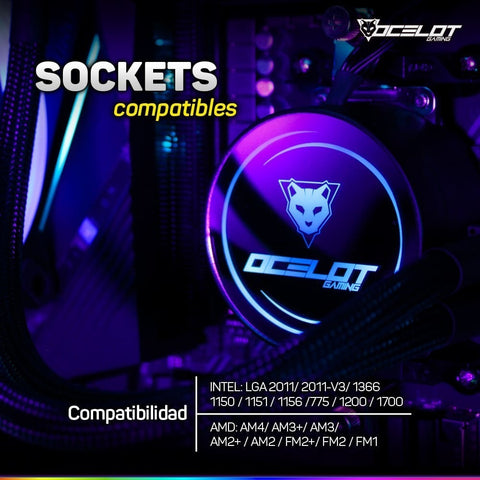 Enfriamiento Líquido Gamer Ocelot Disipador Ventilador de 120mm Iluminación ARGB Color Negro Modelo OEL120