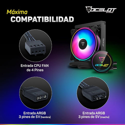 Enfriamiento Líquido Gamer Ocelot Disipador Ventilador de 120mm Iluminación ARGB Color Negro Modelo OEL120