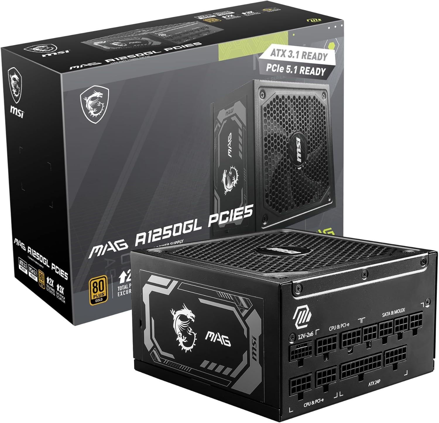 Fuente De Poder Msi Mag A1250Gl Pcie5 1250W 80 Plus Gold Full Modular