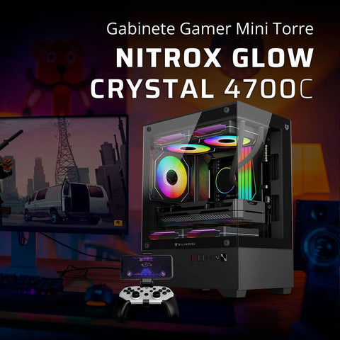 Gabinete Mini Torre Nitrox Glow Crystal 4700C - Panel Lateral de Cristal Templado - Diseño Compacto y Luminoso - Nuevo