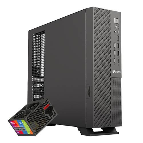 Gabinete Oficina Mince Slim ITX Stylos - Incluye Fuente de Poder 550W STGAMN1B - Ahorro de Espacio con Gran Potencia - Diseño Moderno