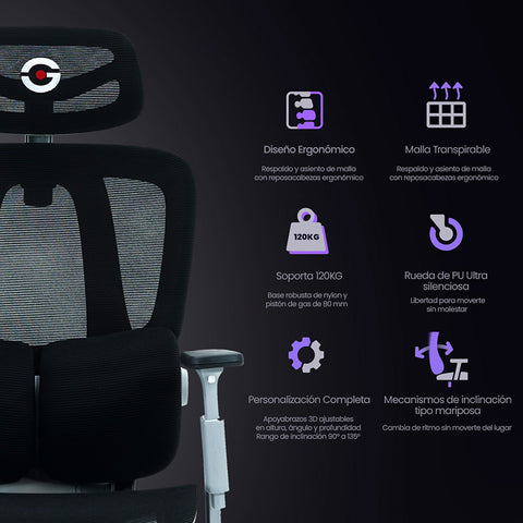 Silla Gamer Getttech Ergonomica, Malla, Soporte Lumbar, Negro/Gris