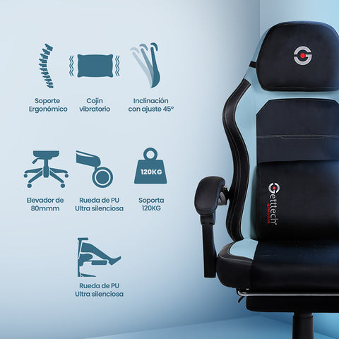 Silla Gamer Getttech Ergonomica, Malla, Soporte Lumbar, Azul Celeste/N
