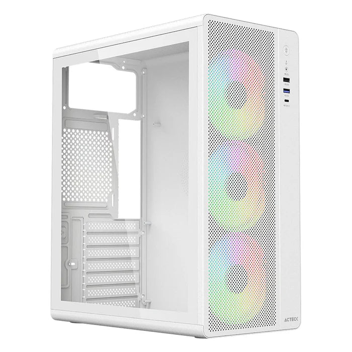 Gabinete Acteck Essen Pro X Gm767, Media Torre, Atx - M-Atx - Itx,  Iluminación Rainbow,  Lateral Cristal Templado, Con Ventiladores Incluidos,  No Incluye Fuente De Poder,  Blanco - Ac-941716