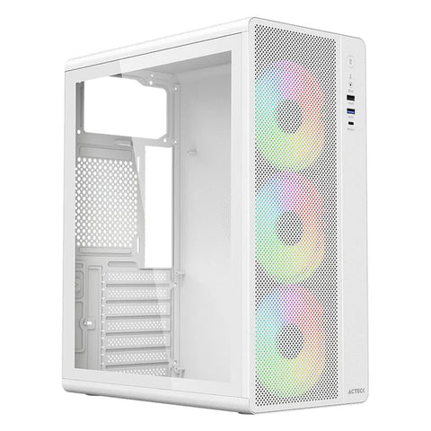 Gabinete Acteck Essen Pro X Gm767, Media Torre, Atx - M-Atx - Itx,  Iluminación Rainbow,  Lateral Cristal Templado, Con Ventiladores Incluidos,  No Incluye Fuente De Poder,  Blanco - Ac-941716