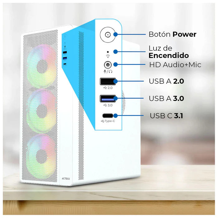 Gabinete Acteck Essen Pro X Gm767, Media Torre, Atx - M-Atx - Itx,  Iluminación Rainbow,  Lateral Cristal Templado, Con Ventiladores Incluidos,  No Incluye Fuente De Poder,  Blanco - Ac-941716