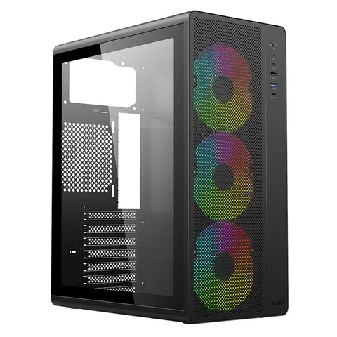 Gabinete Acteck Essen Pro X Gm767, Media Torre, Atx - M-Atx - Itx, Iluminación Rainbow,  Lateral Cristal Templado, Con Ventiladores Incluidos, No Incluye Fuente De Poder, Negro - AC-941709