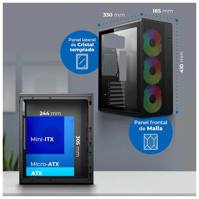 Gabinete Acteck Essen Pro X Gm767, Media Torre, Atx - M-Atx - Itx, Iluminación Rainbow,  Lateral Cristal Templado, Con Ventiladores Incluidos, No Incluye Fuente De Poder, Negro - AC-941709