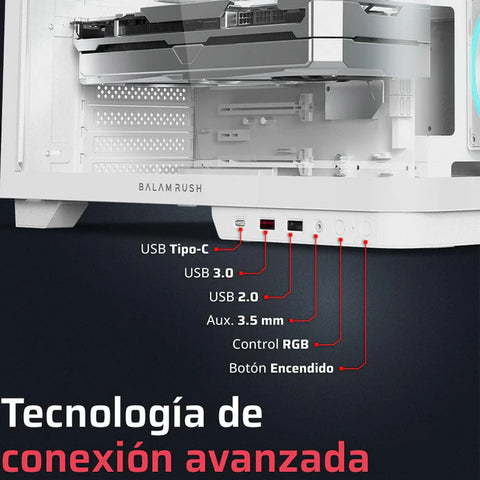 Gabinete Gamer BALAM RUSH TANK EXPERT CURVE 6800 ATX Media Torre 3 Fan Panel Curvo Cristal Templado USB-C ARGB - Blanco