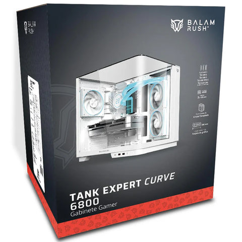 Gabinete Gamer BALAM RUSH TANK EXPERT CURVE 6800 ATX Media Torre 3 Fan Panel Curvo Cristal Templado USB-C ARGB - Blanco