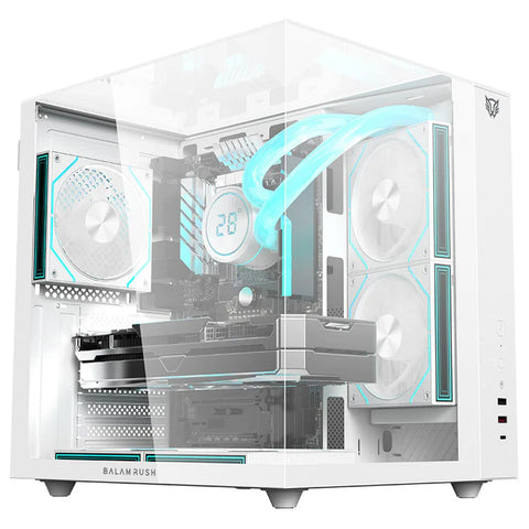Gabinete Gamer BALAM RUSH TANK MAJESTIC 6600 ATX Media Torre 5 Fan Panel Cristal Templado USB-C ARGB  - Blanco