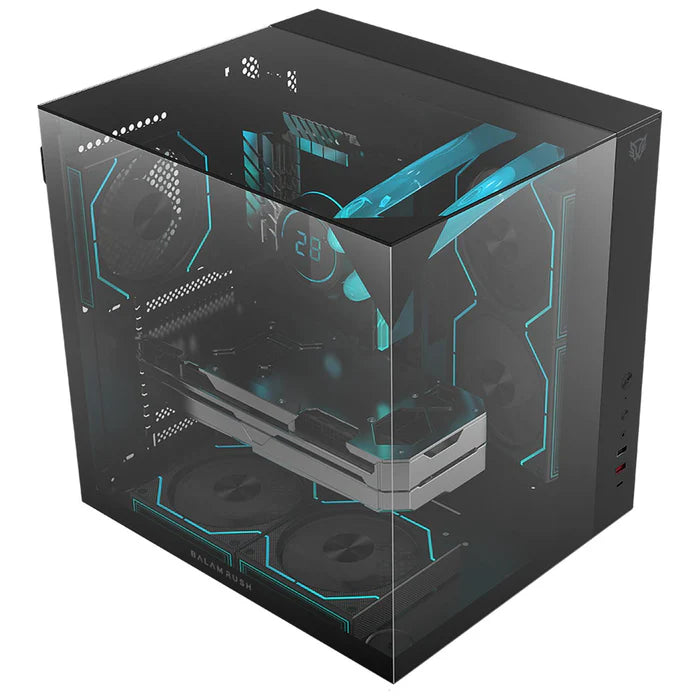 Gabinete Gamer BALAM RUSH TANK MAJESTIC 6600 ATX Media Torre 5 Fan Panel Cristal Templado USB-C ARGB - Negro