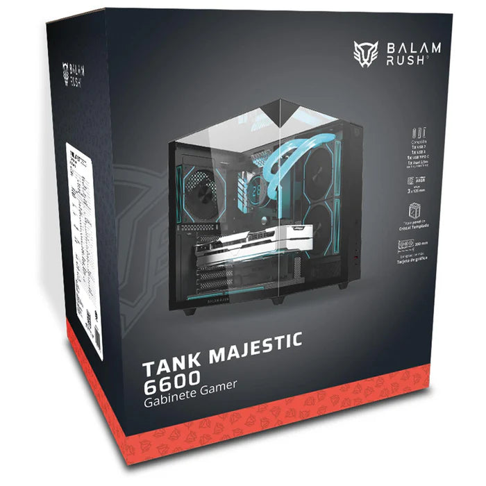 Gabinete Gamer BALAM RUSH TANK MAJESTIC 6600 ATX Media Torre 5 Fan Panel Cristal Templado USB-C ARGB - Negro