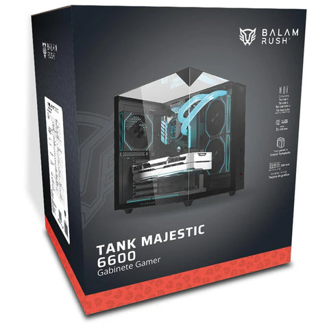 Gabinete Gamer BALAM RUSH TANK MAJESTIC 6600 ATX Media Torre 5 Fan Panel Cristal Templado USB-C ARGB - Negro