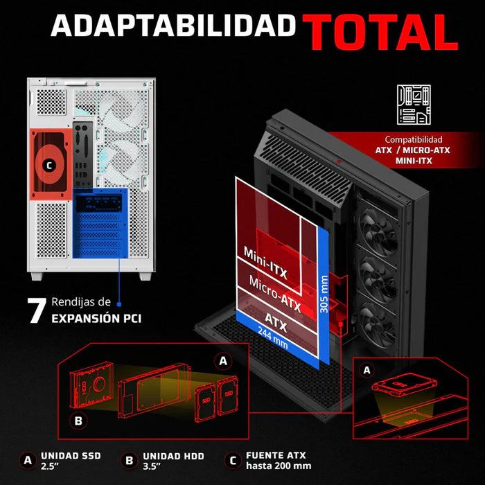 Gabinete Gamer BALAM RUSH TANK MAJESTIC 7600 ATX Media Torre 5 Fan Panel Cristal Templado USB-C ARGB - Blanco