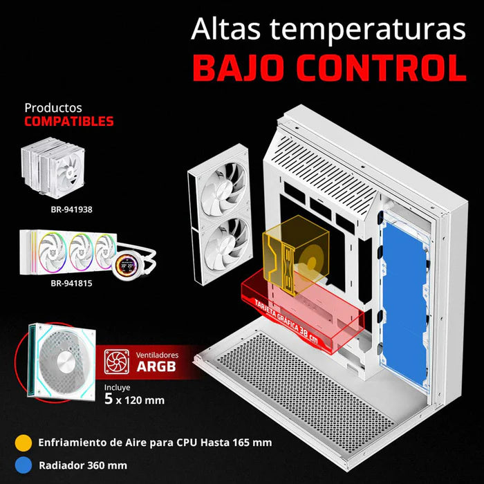 Gabinete Gamer BALAM RUSH TANK MAJESTIC 7600 ATX Media Torre 5 Fan Panel Cristal Templado USB-C ARGB - Blanco