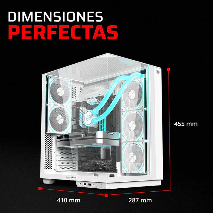 Gabinete Gamer BALAM RUSH TANK MAJESTIC 7600 ATX Media Torre 5 Fan Panel Cristal Templado USB-C ARGB - Blanco