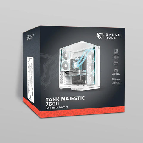 Gabinete Gamer BALAM RUSH TANK MAJESTIC 7600 ATX Media Torre 5 Fan Panel Cristal Templado USB-C ARGB - Blanco