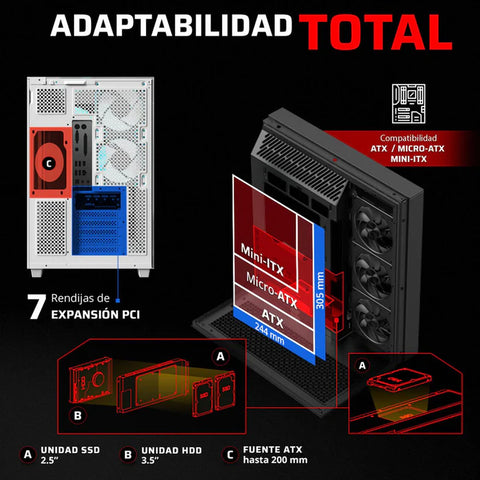 Gabinete Gamer BALAM RUSH TANK MAJESTIC 7600 ATX Media Torre 5 Fan Panel Cristal Templado USB-C ARGB - Negro