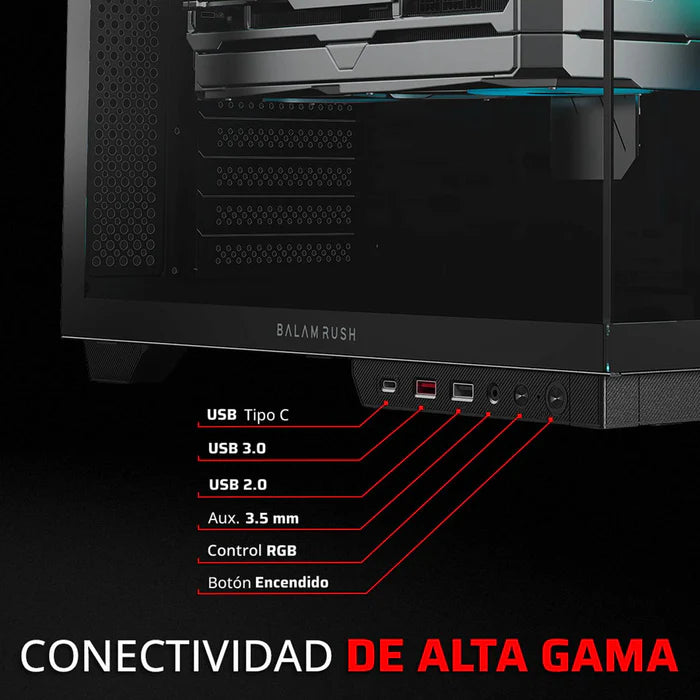 Gabinete Gamer BALAM RUSH TANK MAJESTIC 7600 ATX Media Torre 5 Fan Panel Cristal Templado USB-C ARGB - Negro