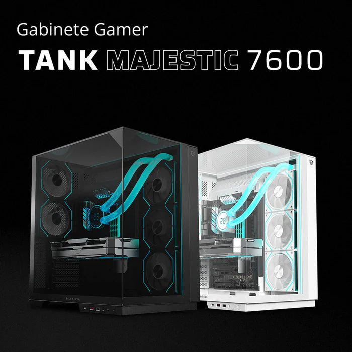 Gabinete Gamer BALAM RUSH TANK MAJESTIC 7600 ATX Media Torre 5 Fan Panel Cristal Templado USB-C ARGB - Negro