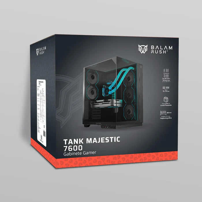 Gabinete Gamer BALAM RUSH TANK MAJESTIC 7600 ATX Media Torre 5 Fan Panel Cristal Templado USB-C ARGB - Negro