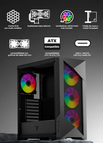 Gabinete Yeyian Edge, Midi-tower, Micro-atx/mini-itx,atx, Usb 3.0,usb C, Sin Fuente, 4 Ventiladores Argb Instalados, Tarjetas Gráficas De Hasta 320mm - YCM-APEDG-G1