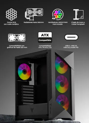 Gabinete Yeyian Edge, Midi-tower, Micro-atx/mini-itx,atx, Usb 3.0,usb C, Sin Fuente, 4 Ventiladores Argb Instalados, Tarjetas Gráficas De Hasta 320mm - YCM-APEDG-G1