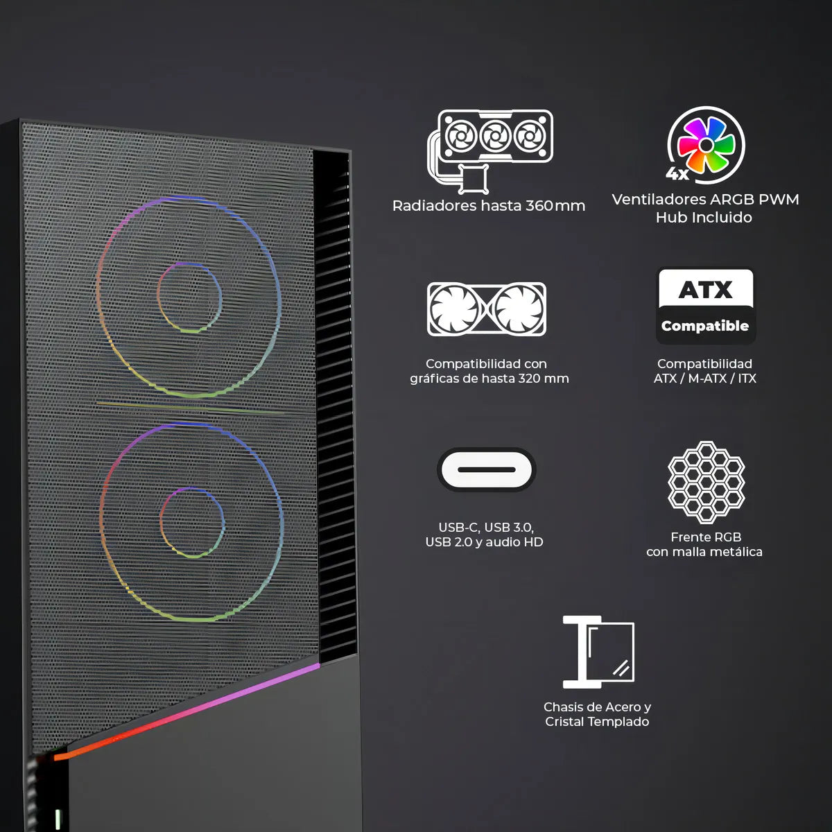 Gabinete Yeyian Elara, Midi-tower, Micro-atx/mini-itx,atx, Usb 3.0,usb C, Sin Fuente, 4 Ventiladores Argb Instalados, Tarjeta De Video Hasta 360 MM, YCM-APELA-M1