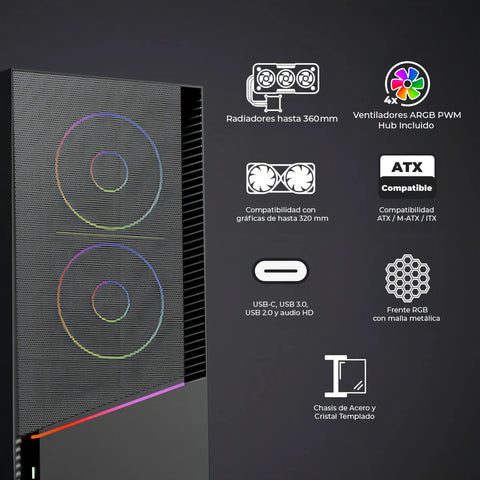 Gabinete Yeyian Elara, Midi-tower, Micro-atx/mini-itx,atx, Usb 3.0,usb C, Sin Fuente, 4 Ventiladores Argb Instalados, Tarjeta De Video Hasta 360 MM, YCM-APELA-M1