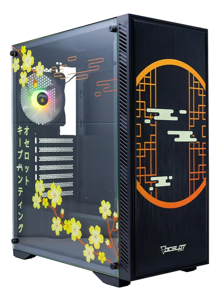 Gabinete para PC Ocelot Gaming. ATX, Mid-Tower Inclue 4 ventiladores ARGB, Maximo 8 ventiladores. Soporta GPU de 3400mm. Amarillo y negro. Modelo Yellow Thunder