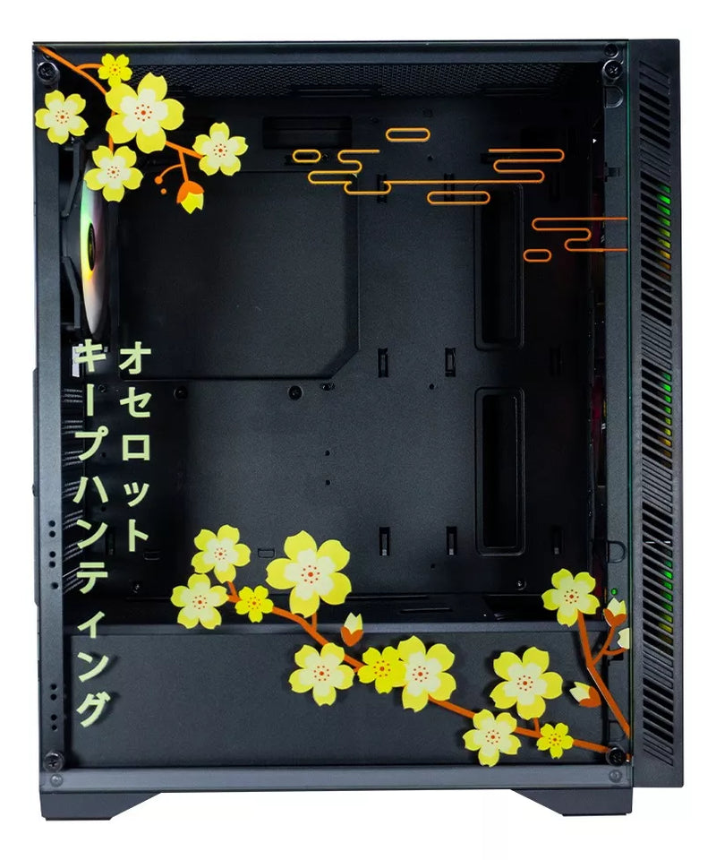 Gabinete para PC Ocelot Gaming. ATX, Mid-Tower Inclue 4 ventiladores ARGB, Maximo 8 ventiladores. Soporta GPU de 3400mm. Amarillo y negro. Modelo Yellow Thunder