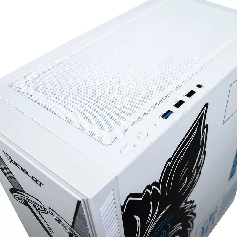 Gabinete para PC Ocelot Gaming. ATX, Mid-Tower Inclue 4 ventiladores ARGB, Maximo 8 ventiladores. Soporta GPU de 3400mm. Azul  y blanco. Modelo Blue Warthog