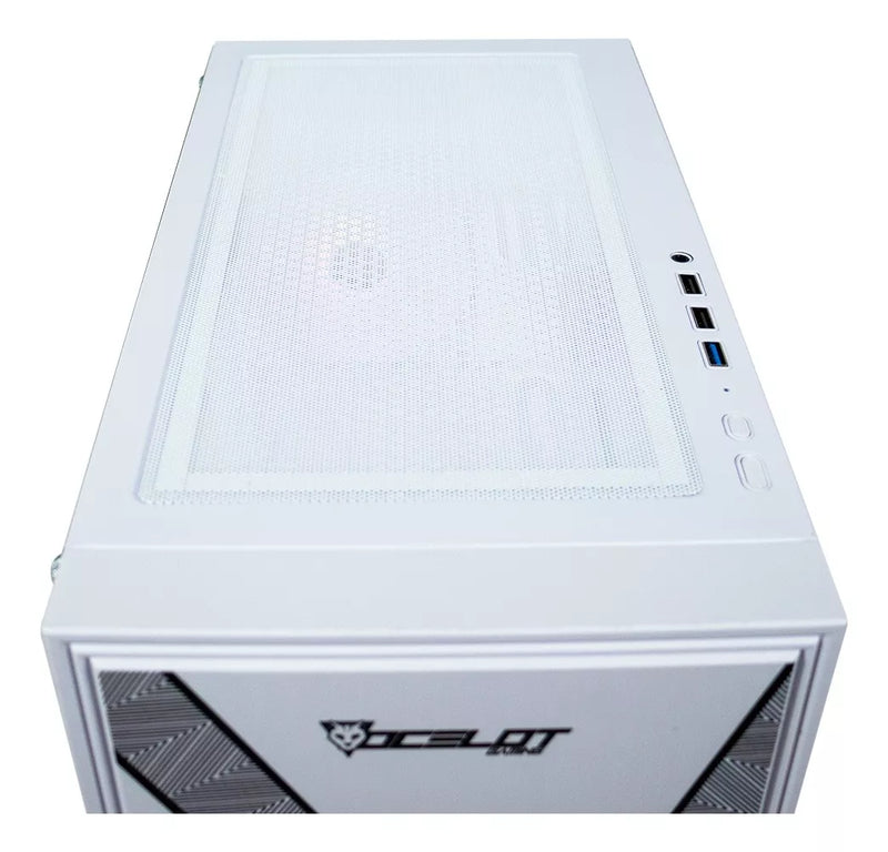 Gabinete para PC Ocelot Gaming. ATX, Mid-Tower Inclue 4 ventiladores ARGB, Maximo 8 ventiladores. Soporta GPU de 3400mm. Azul  y blanco. Modelo Blue Warthog