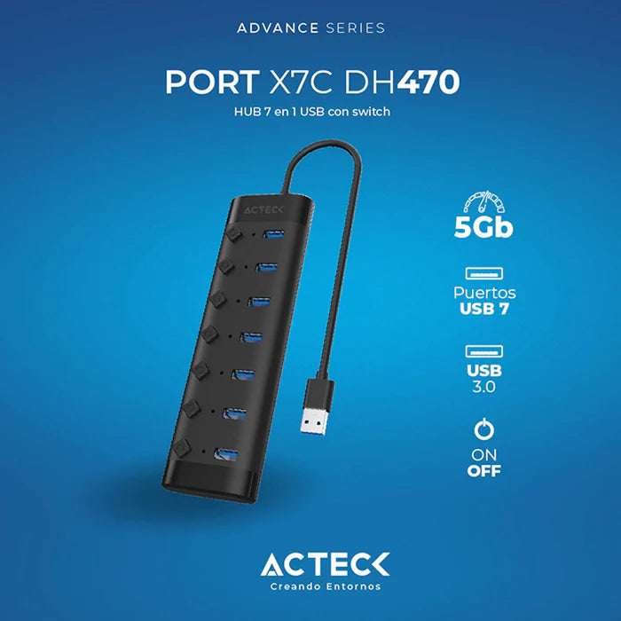 Hub Port Acteck X7 DH470 7 En 1 Usb A 7 X usb 3.0 Negro (AC-937054)