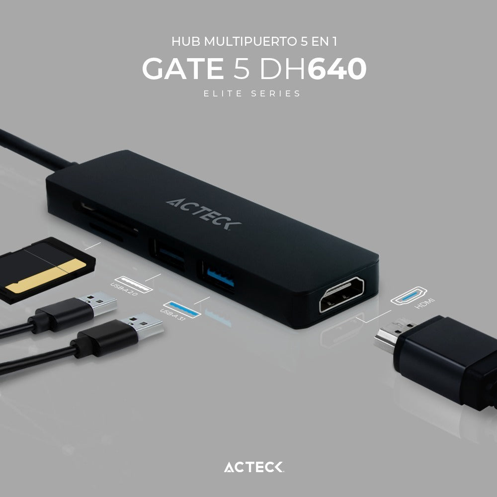 Hub Usb C 5 En 1 Gate 5 Dh640 4khdmi Negro Elite Series