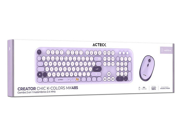 Kit Acteck Creator Chic K-Colors Mk485, Inalambrico, Multimedia, Dongle 2.4, Español 105 Teclas, Violeta, AC-940214