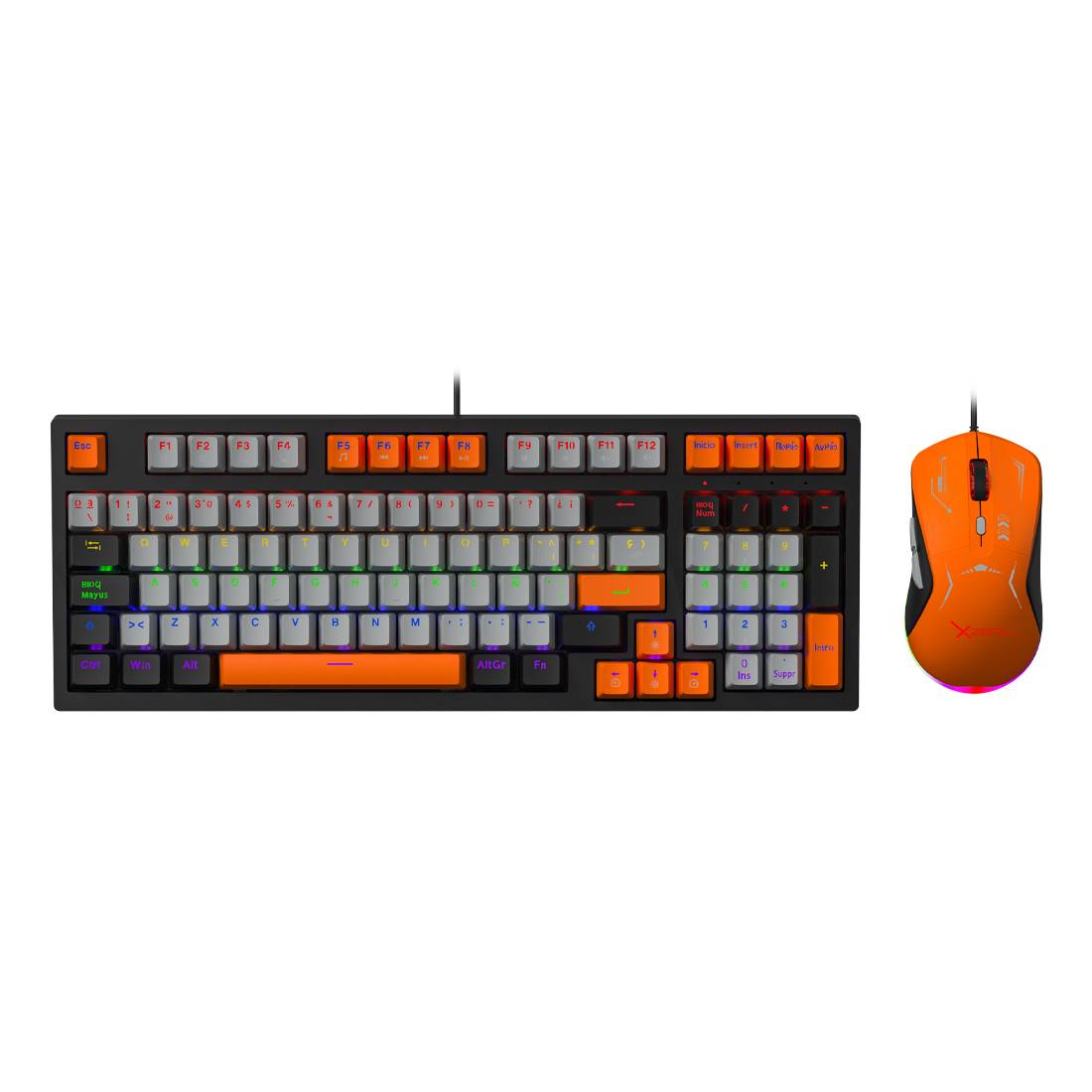 Kit Gamer 2 En 1Teclado 90% Mecánico Rgb Mouse 7200 Dpi Naranja Y Gris
