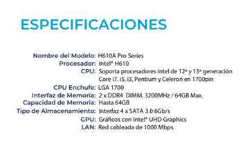 Mother board Hyundai H610a Series Con Soporte Para Procesadores Intel De 12ª Y 13ª Generación Desde Celeron A I7 - Con Capacidad De Memoria De Hasta 64 Gb