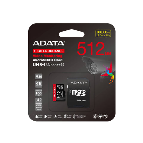 Tarjeta MicroSDXC ADATA High Endurance 512GB - Clase 10 U3 V30 A2 - Alta Durabilidad para Grabación Continua - Nuevo