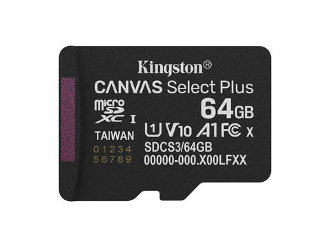 MEMORIA FLASH MICRO SD KINGSTON SDXC CANVAS SELECT PLUS 64GB 100MB/S UHS-I U1 V10 C/ADAPTADOR (SDCS3/64GB)
