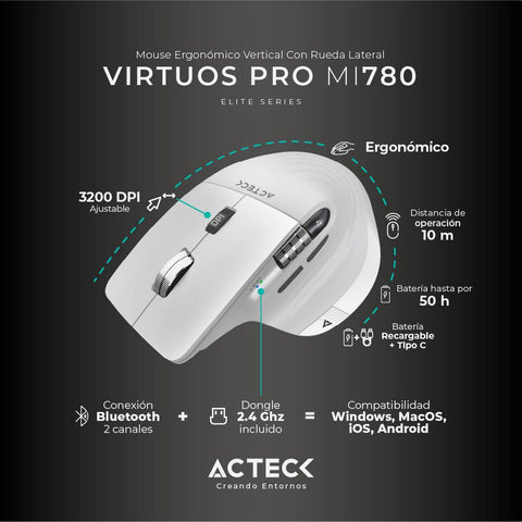 Mouse Inalámbrico Vertical Acteck Virtuos Pro MI780 - Scroll Horizontal Ultra Fast - Ergonomía Profesional Anti Fatiga - Nuevo