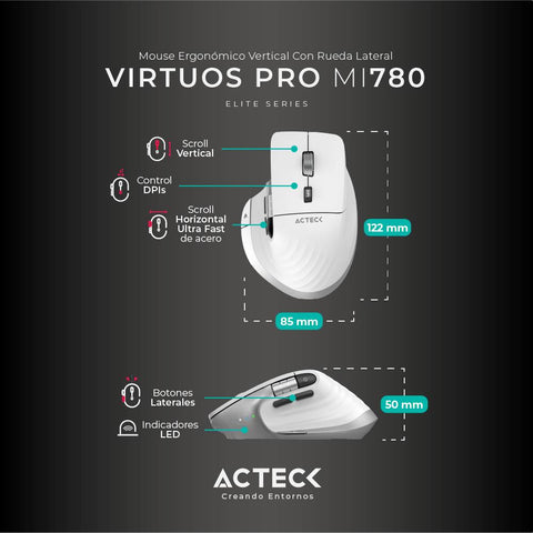 Mouse Inalámbrico Vertical Acteck Virtuos Pro MI780 - Scroll Horizontal Ultra Fast - Ergonomía Profesional Anti Fatiga - Nuevo