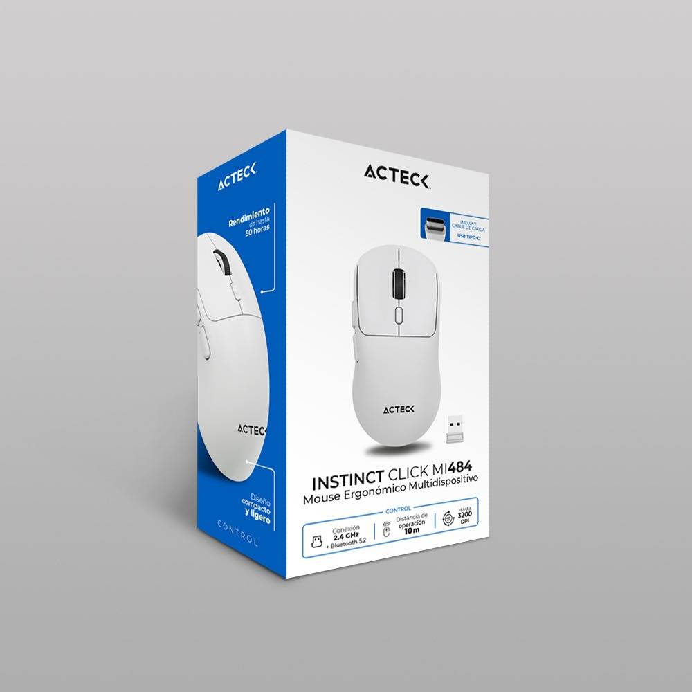 Mouse Ergonómico Multidispositivo Instinct Click MI484 2.4Ghz + Bluetooth Batería Recargable y DPI Ajustable Blanco