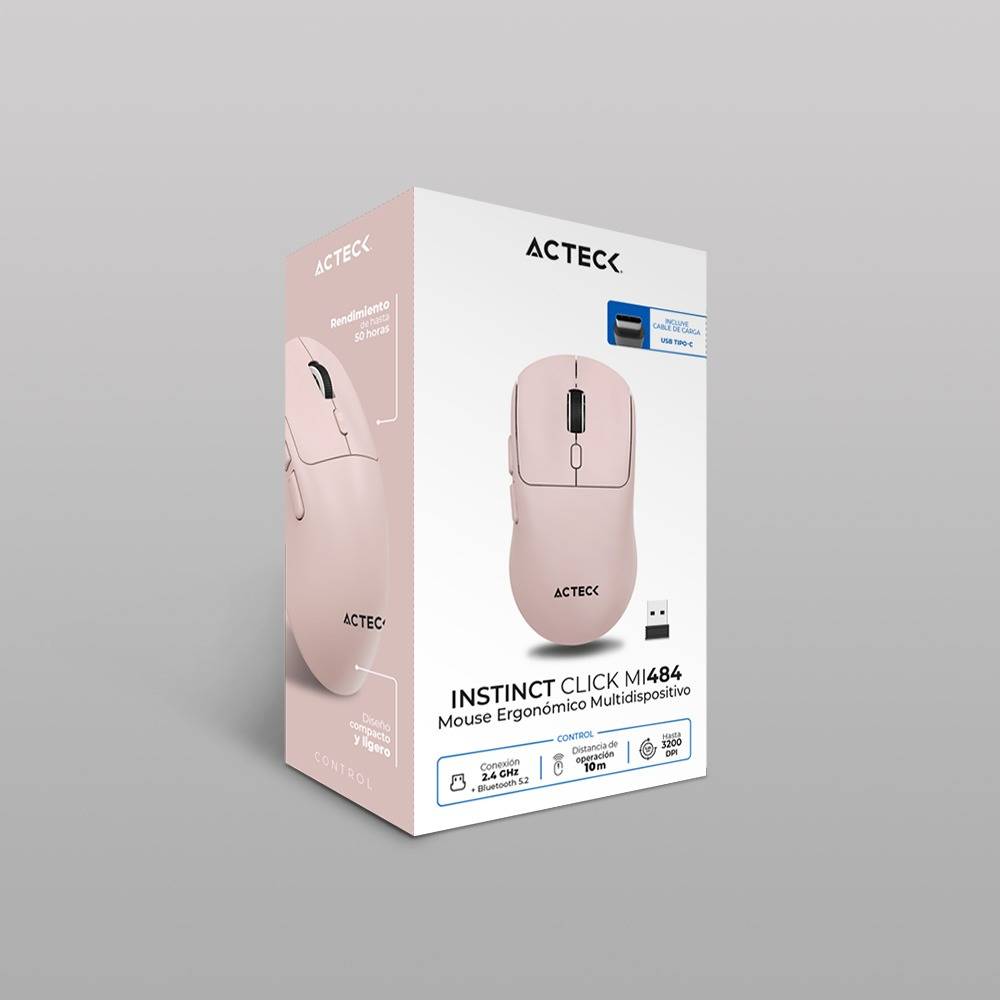 Mouse Ergonómico Multidispositivo Instinct Click MI484 2.4Ghz + Bluetooth Batería Recargable y DPI Ajustable Rosa